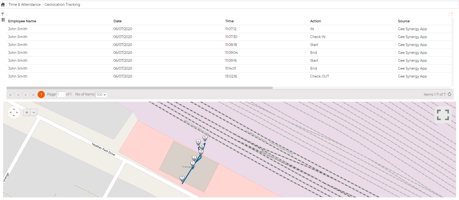 The Geolocation Tracking screen, swipe list above and the map of numbered points below