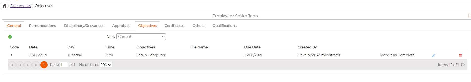 The Objectives tab with a View filter and a Mark it as Complete action on each row