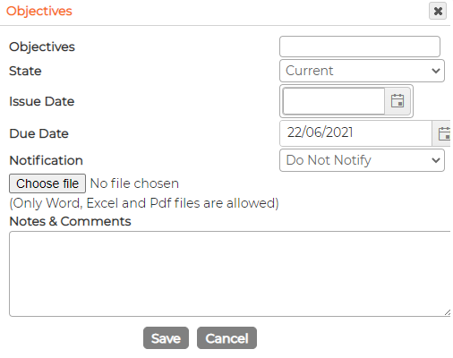 The Objectives entry form