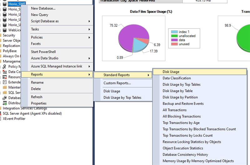 SQL Server Management Studio with a database right-clicked, the menu open at Reports then Standard Reports then Disk Usage, and a Data Files Space Usage pie chart splitting the space into data, index, unused and unallocated