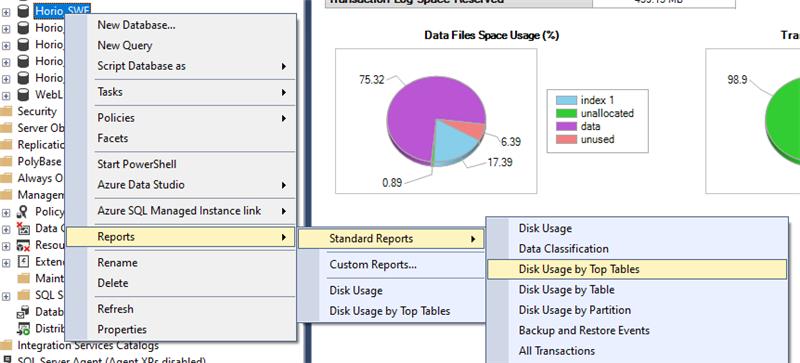 The same Standard Reports menu in SQL Server Management Studio with Disk Usage by Top Tables highlighted