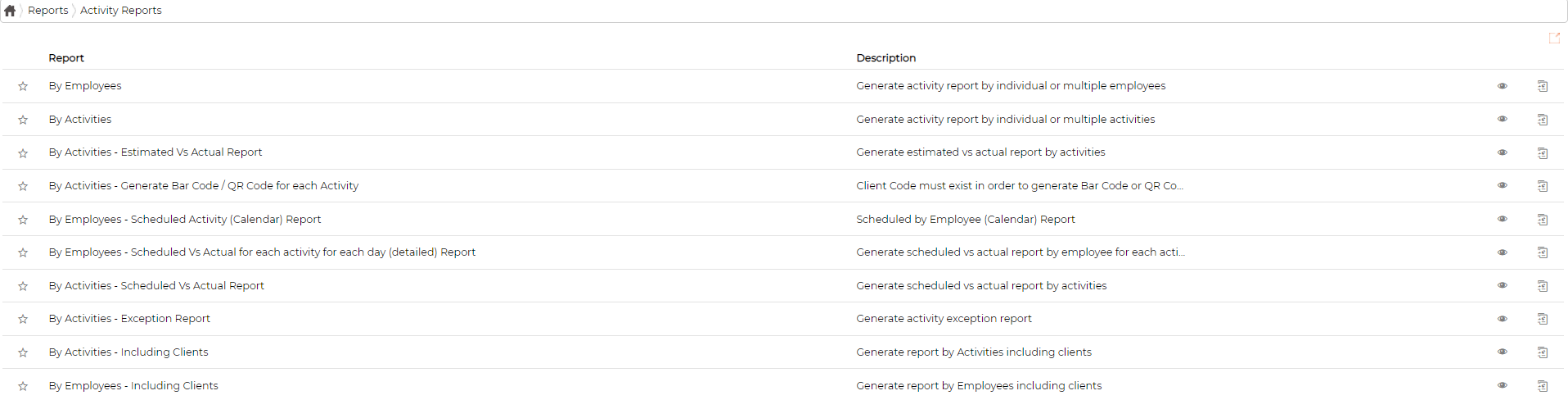 The Activities Reports list, each report with a description, a favourite star and a preview