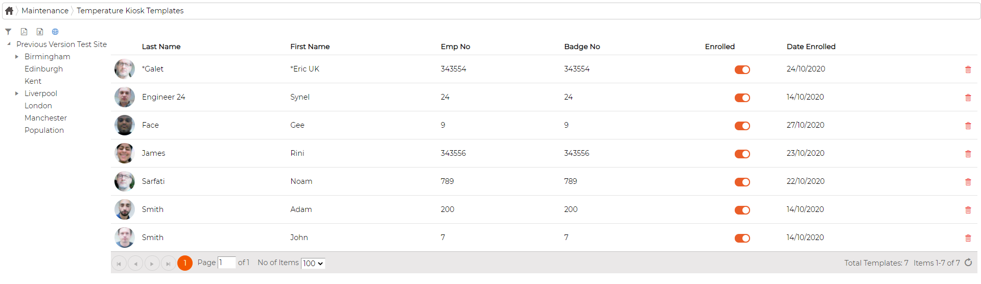The Temperature Kiosk Templates screen: a department tree on the left and a table of employees with name, employee and badge number, an Enrolled toggle and a Date Enrolled, with a delete icon on each row