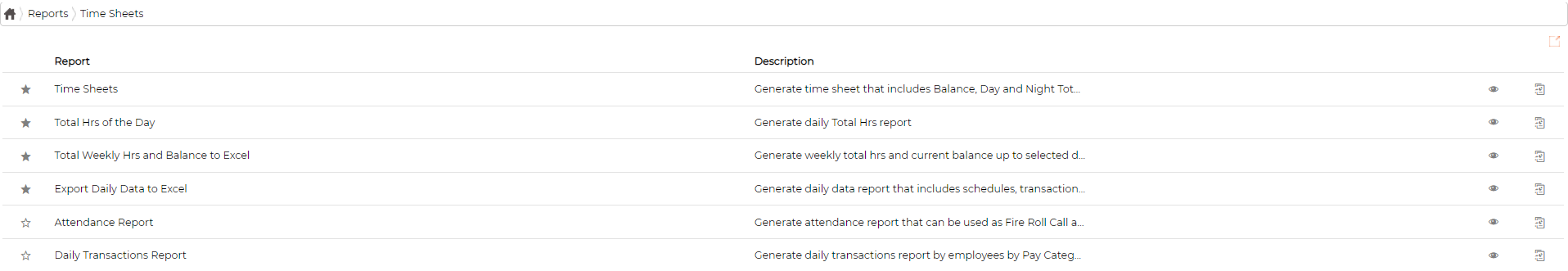The Schedule Reports list, each report with a description, a favourite star and a preview