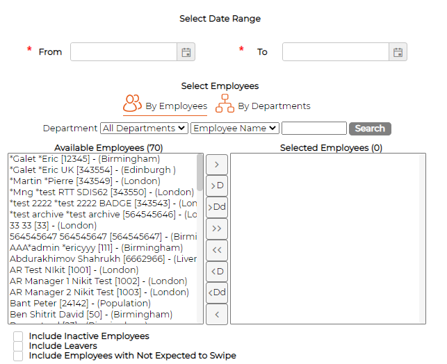 The report selection screen with a date range and employee selection