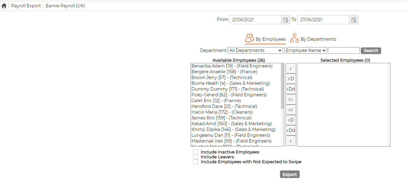 The Earnie Payroll (UK) export screen: a date range, By Employees and By Departments, the Available and Selected employee lists, and an Export button